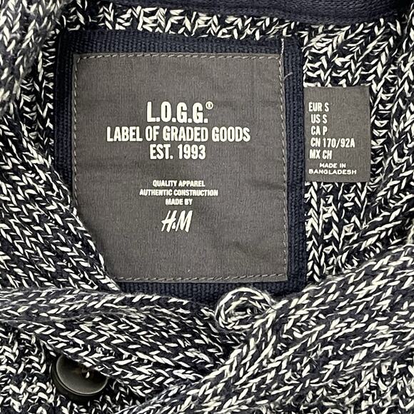 H&M L.O.G.G. Men’s Shawl Collar Knit Sweater Navy White Cotton Size Small - Picture 6 of 9